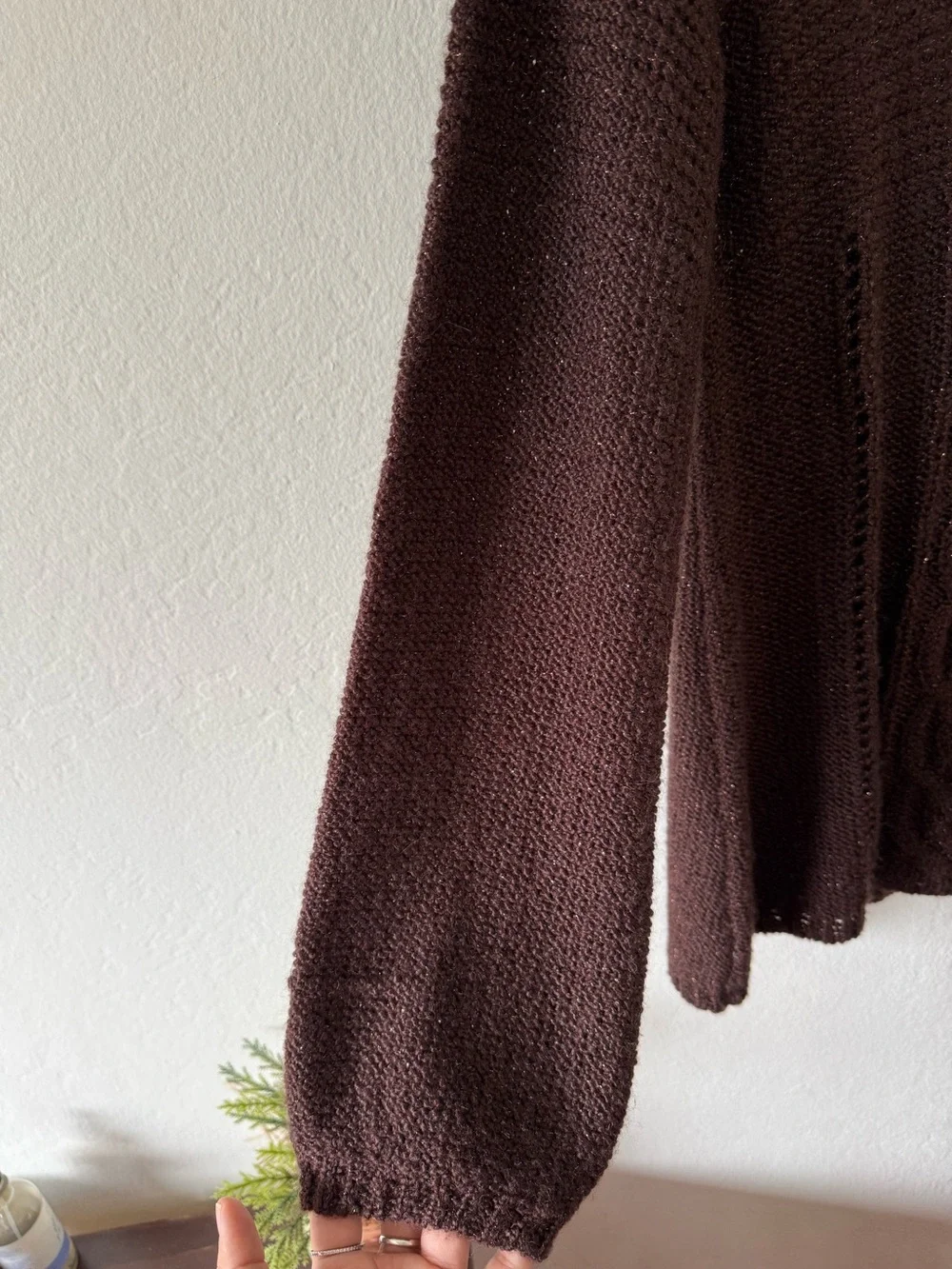 Raisey Brown Wool Blend Cable Knit Babydoll Sweater Shimmer Size Large Y2K Fall